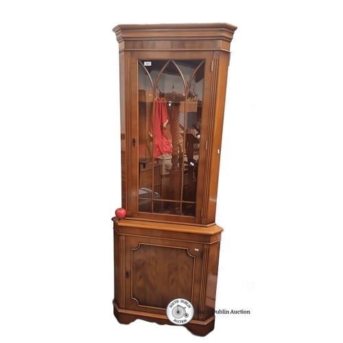 621 - Mahogany corner display cabinet with Gothic-inspired glazing bars, single glass door, and lower stor... 