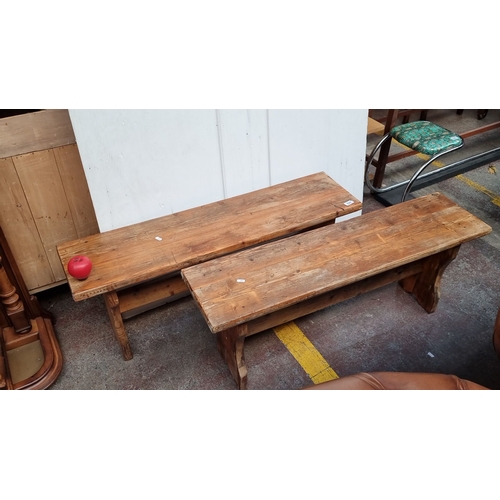 626 - Pair of rustic wooden benches, made from solid pine. They feature a simple, robust design with natur... 