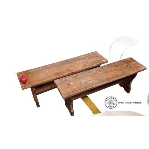 626 - Pair of rustic wooden benches, made from solid pine. They feature a simple, robust design with natur... 