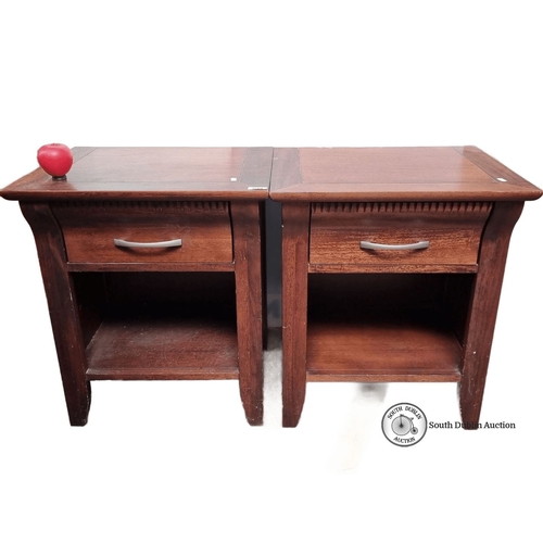 633 - Pair of mahogany side tables with single drawer and open shelf, featuring contemporary metal handles... 