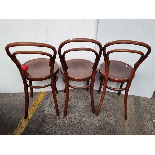 636 - Set of three vintage bentwood chairs with intricately carved seat designs, showcasing classic Thonet... 