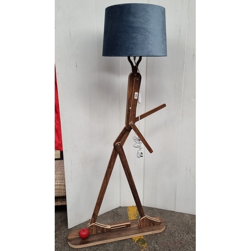 645 - Wooden mannequin-style floor lamp with blue velvet shade and a playful human design . Very cool piec... 