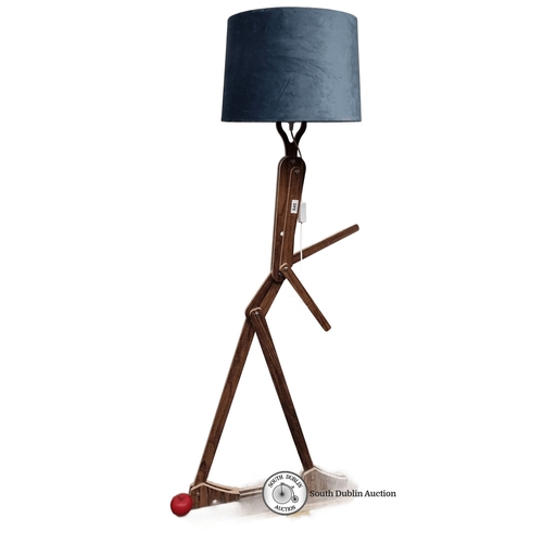 645 - Wooden mannequin-style floor lamp with blue velvet shade and a playful human design . Very cool piec... 