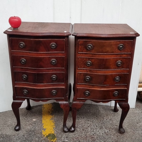 646 - Star Lot : Pair of vintage mahogany serpentine bedside tables. Each has three drawers and ornate rou... 