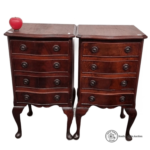 646 - Star Lot : Pair of vintage mahogany serpentine bedside tables. Each has three drawers and ornate rou... 