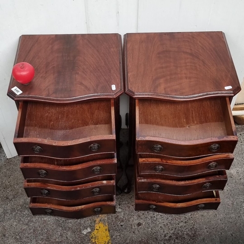 646 - Star Lot : Pair of vintage mahogany serpentine bedside tables. Each has three drawers and ornate rou... 