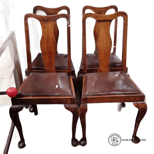 647 - Set of four antique wooden dining chairs with leather seats, featuring elegant cabriole legs. From t... 