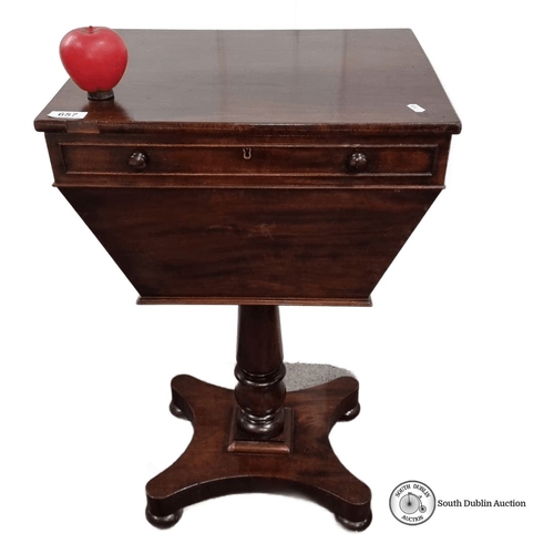 657 - Star Lot : Victorian mahogany sewing table with pedestal base, from the 19th century, features a hin... 