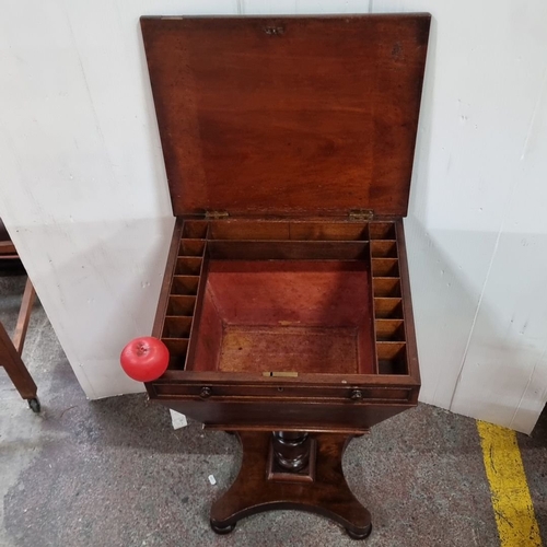 657 - Star Lot : Victorian mahogany sewing table with pedestal base, from the 19th century, features a hin... 