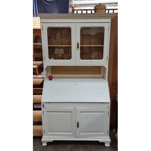 662 - White painted wooden bureau bookcase, featuring glass doors, interior shelves, and a drop-down writi... 