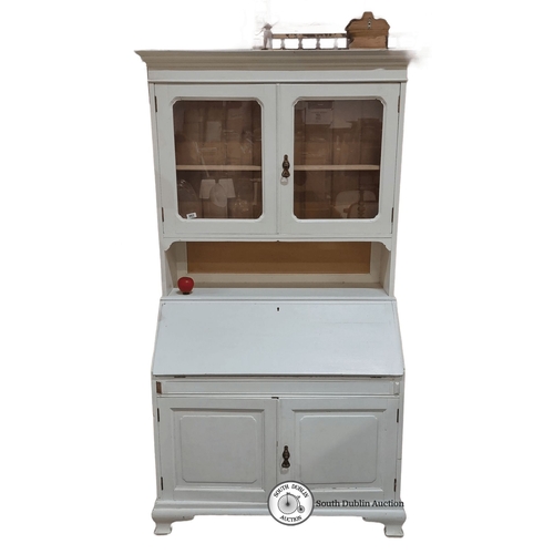 662 - White painted wooden bureau bookcase, featuring glass doors, interior shelves, and a drop-down writi... 