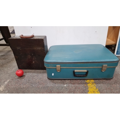 671 - Vintage vinyl suitcase and vintage contents  unchecked with brown vinyl wood case with lovely yellow... 