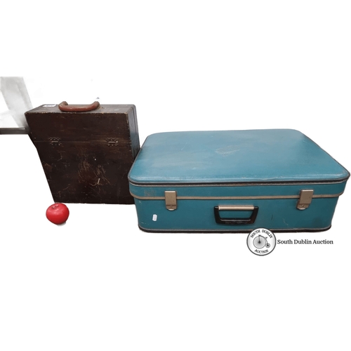 671 - Vintage vinyl suitcase and vintage contents  unchecked with brown vinyl wood case with lovely yellow... 