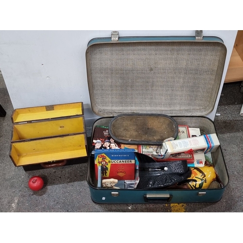 671 - Vintage vinyl suitcase and vintage contents  unchecked with brown vinyl wood case with lovely yellow... 