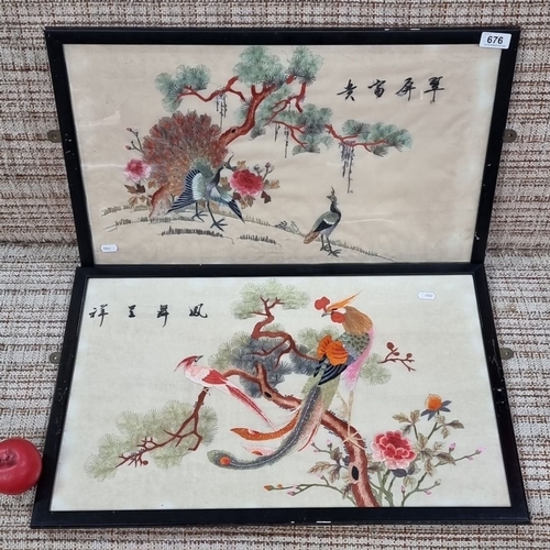 676 - Set of two framed Chinese silk embroidery panels depicting vibrant birds and floral motifs.