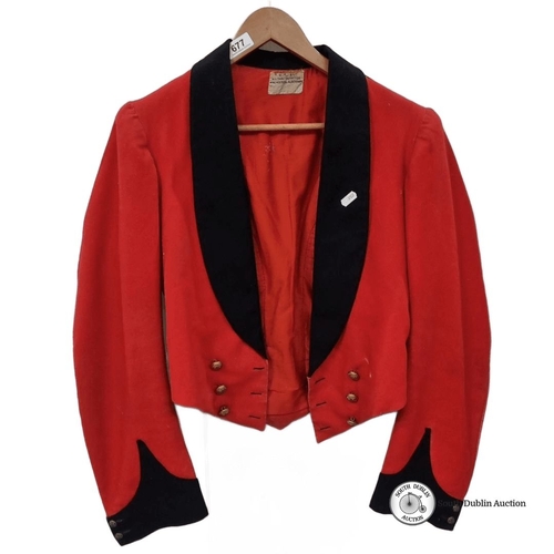 677 - Vintage red Army officers military mess jacket with black velvet trim and gold button accents.