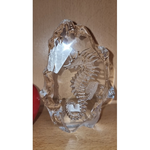 687 - A Crystal sculpture of a seahorse with etched details, signed by Mats Jonasson. Possibly Waterford.