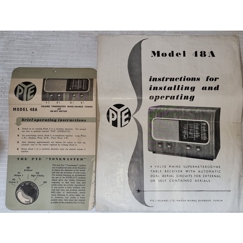 582 - A large PYE Model 48A vintage radio, wood casing with original operating pamphlets. From the 20th ce... 