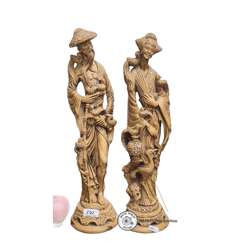 757 - Carved oriental figurines depict a man and woman with birds and intricate detailing. From the mid-20... 