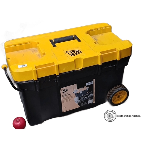 758 - A Large JCB mobile rolling toolbox with assorted tools, including a saw and tape measure. It has dur... 