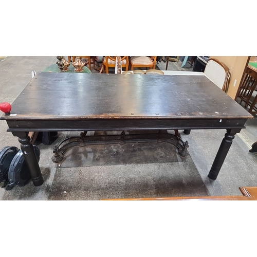 761 - Star lot : An Antique Victorian solid oak plank farm house table features turned legs and a dark fin... 