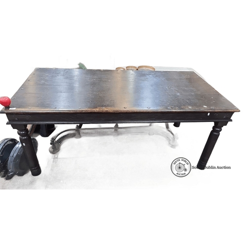 761 - Star lot : An Antique Victorian solid oak plank farm house table features turned legs and a dark fin... 