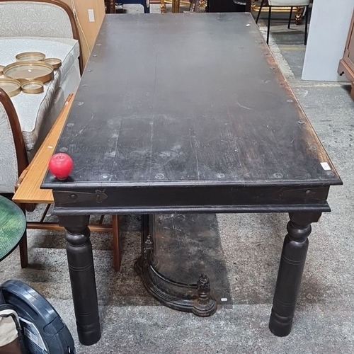 761 - Star lot : An Antique Victorian solid oak plank farm house table features turned legs and a dark fin... 