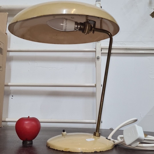 763 - Star Lot : Mid-Century Modern spaceship  desk lamp with a cream-colored dome shade and brass stem, f... 