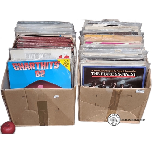 767 - Two boxes of assorted vinyl records, including 