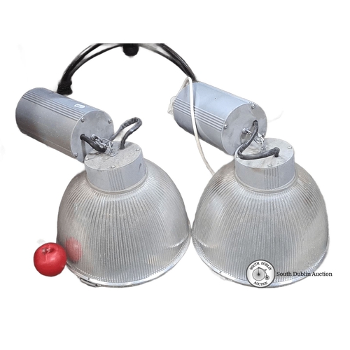 769 - Pair of industrial large  ceiling lamps by Microlights, model P1-132R. Metal construction with ribbe... 