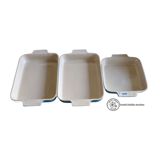 1008 - Set of three as new Le Creuset stoneware baking dishes with a light blue exterior. Model number 15-3... 