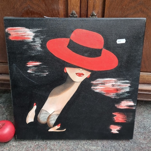 1027 - An original 'M Z Coughlan' oil on canvas painting. Features a portrait of a woman with a red hat. Re... 