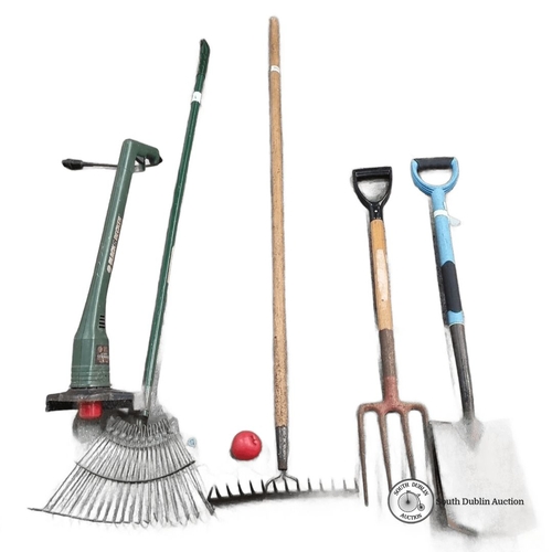 959 - Lot of five garden tools, including Black & Decker Autofeed Strimmer GL 330, rake, fork, and spade.