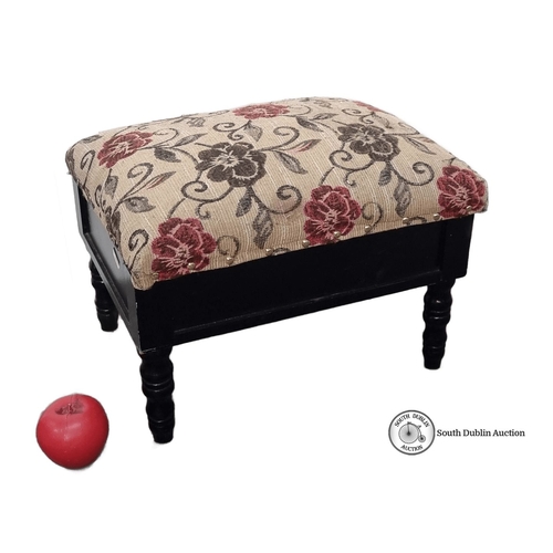 962 - Victorian-style wooden footstool with floral upholstered cushion, featuring a hinged lid for storage... 