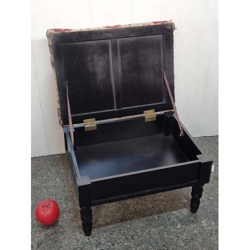 962 - Victorian-style wooden footstool with floral upholstered cushion, featuring a hinged lid for storage... 