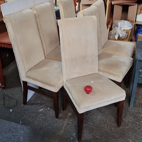 964 - Set of six dining chairs with cream striped fabric and dark wood legs.