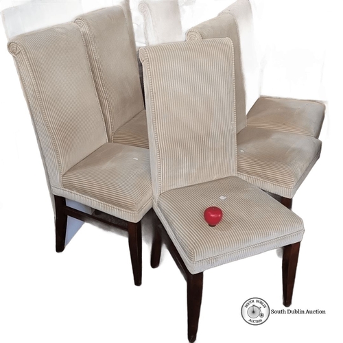 964 - Set of six dining chairs with cream striped fabric and dark wood legs.