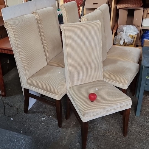 964 - Set of six dining chairs with cream striped fabric and dark wood legs.