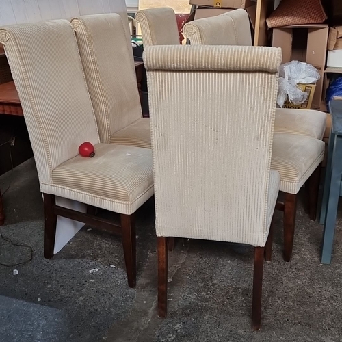 964 - Set of six dining chairs with cream striped fabric and dark wood legs.