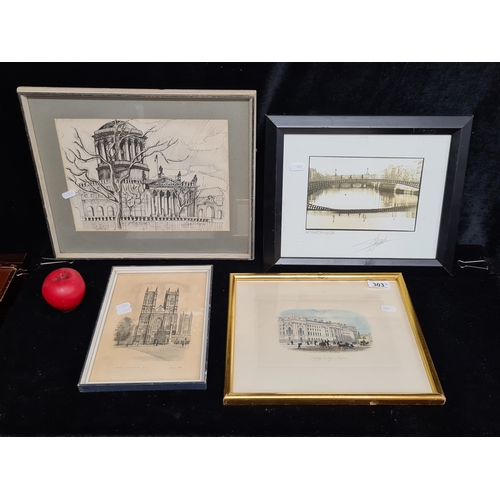 303 - Three prints featuring Ireland / England landmarks. Titled 'London Westminster Abbey' 'Trinity Colle... 