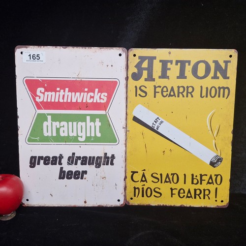 165 - Two heavy metal Irish advertising signs for Afton Cigarettes and Smithwicks Ale.