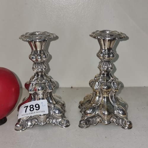 789 - A very nice pair of Baroque style silver plate Danish candle sticks. Love these!