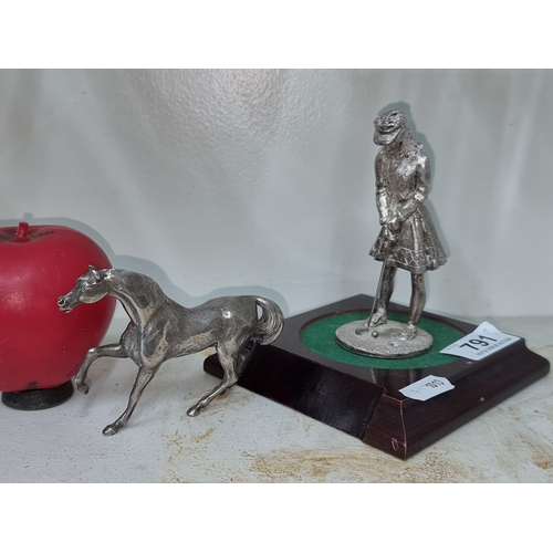 791 - Two vintage EPNS metal figures - one featuring a girl playing golf mounted onto a wooden plinth base... 