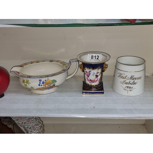 812 - Three items including a cobalt blue and gilt bud vase, a large sauce boat, along with a West Mersea ... 