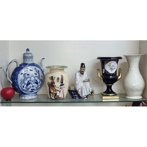 815 - Five items including a very large Chinese Qing Dynasty blue and white teapot, a tall Rosenthal white... 