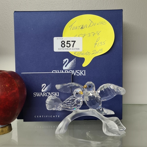 857 - A Swarovski Crystal figure of a Turtle Doves. RRP £135. A super collectors item. With original prese... 