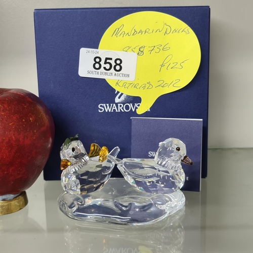 858 - A Swarovski Crystal figure of Mandarin Ducks. RRP £125. A super collectors item. With original prese... 