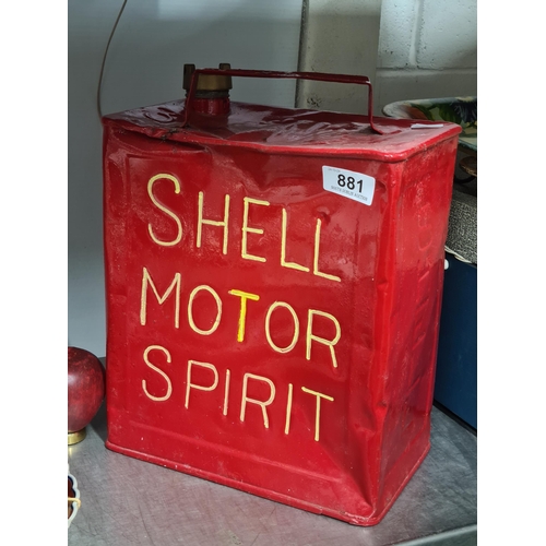 881 - A large looks to be original repainted metal petrol can advertising Shell Motor Spirit. Indentations... 