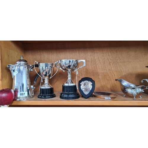 891 - Six pieces of vintage silver plated items. Includes a coffee pot and three trophies.