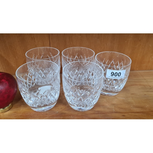 900 - Five striking Waterford Crystal whiskey tumbler glasses in the Boyne pattern, all in excellent condi... 